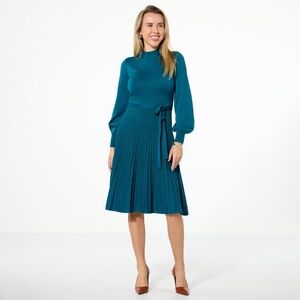 Nina Leonard Balloon sleeve knitted dress modest Parisian